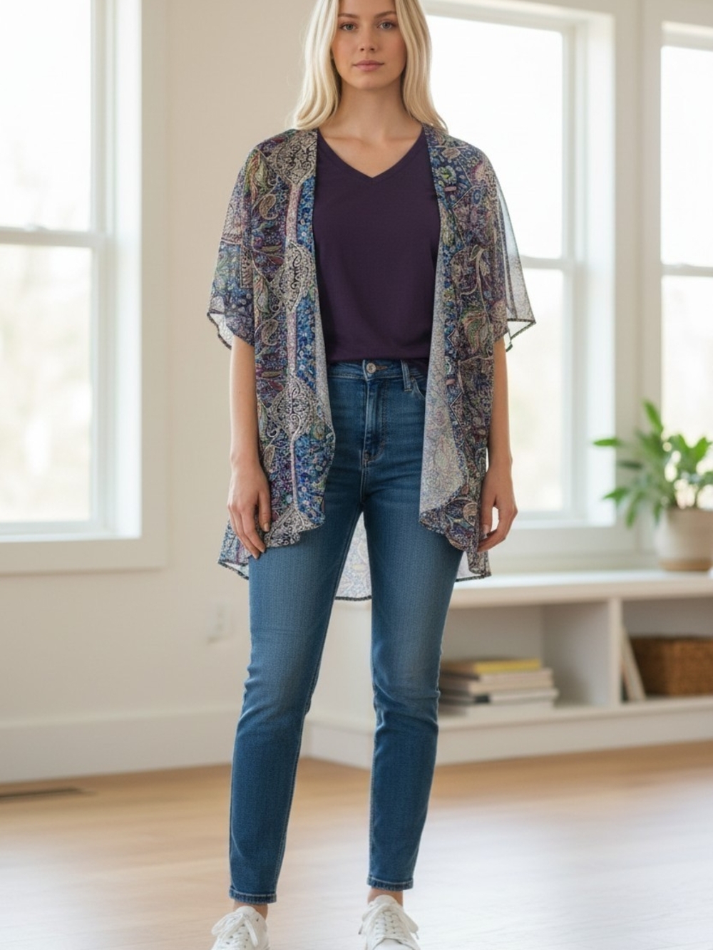 Reebok Purple Top & Paisley Kimono Cardigan 2 Pc Set Size L